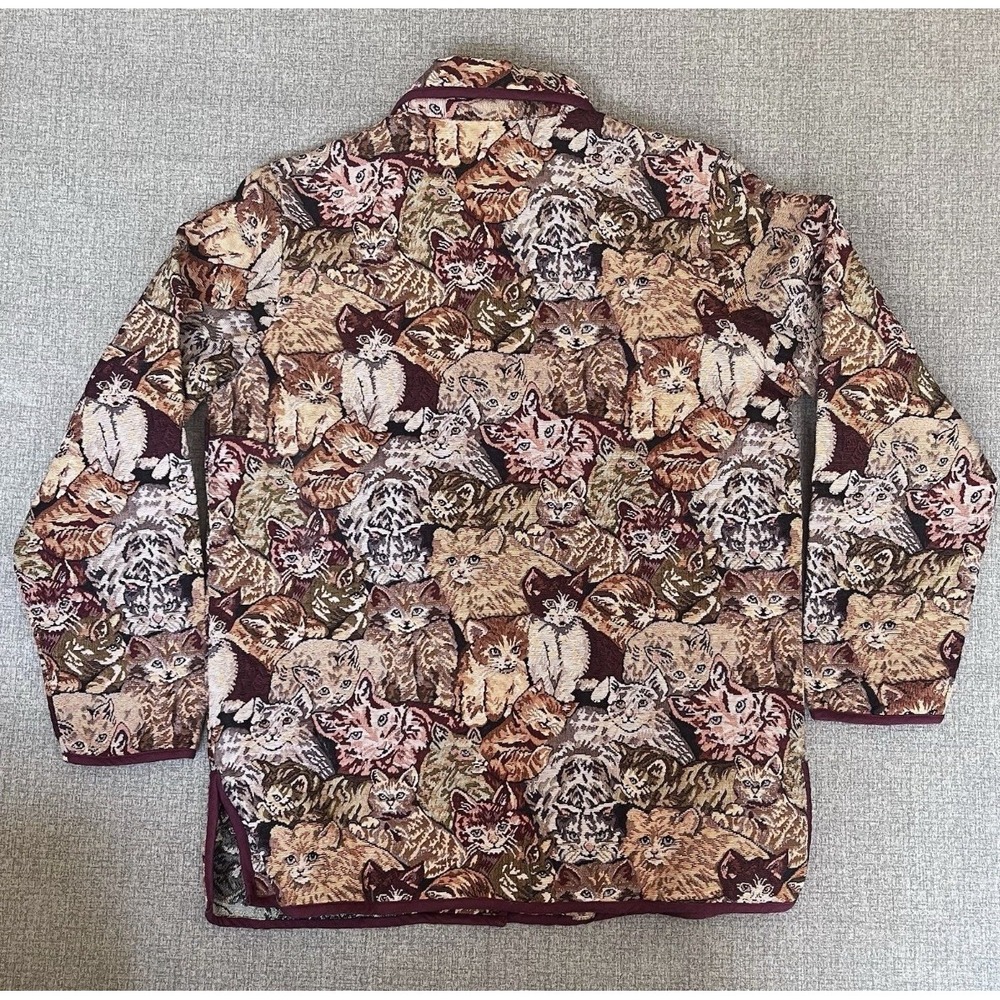 Blair Womens Medium Vintage Tapestry Cat Print Jacket Brown Burgundy Woven - Picture 2 of 9